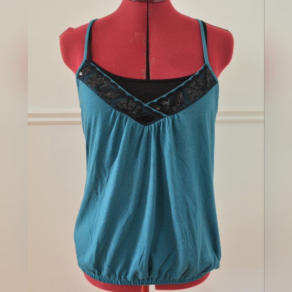 B2G1F - Teal Spaghetti Strap Top with Black Lace / Sequin Detail - Large